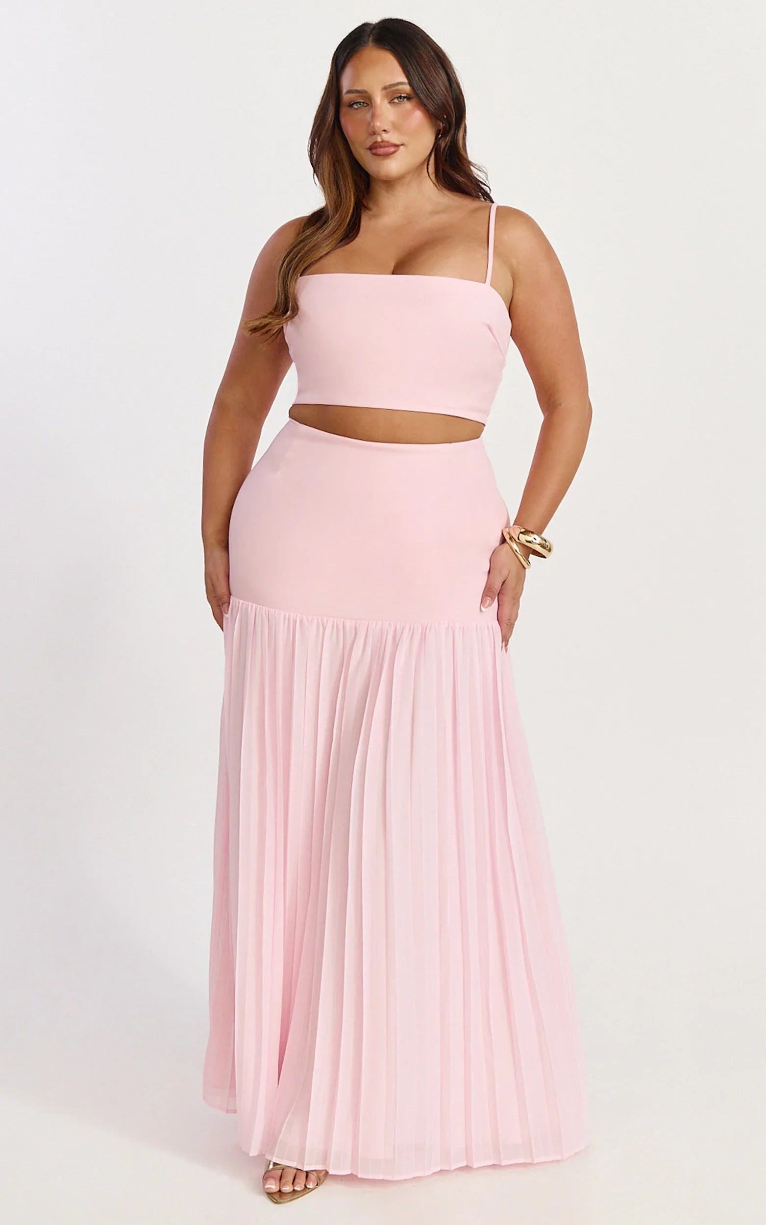 Rowan Two Piece Top and Skirt Set - Square Neck Crop Top and High Waist Pleated Maxi Skirt Set in Pink